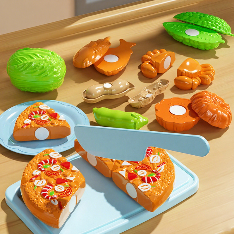 Arenzza pretend cutting play food toys for kids, colorful plastic food items with a toy knife for imaginative role play.