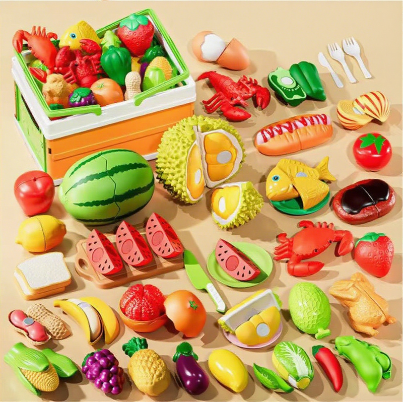Arenzza pretend cutting play food toys for kids, colorful plastic fruits and vegetables for imaginative role play and learning.