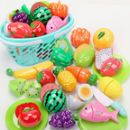 Arenzza pretend cutting play food toys for kids, colorful plastic fruits, vegetables, and utensils for imaginative role-playing.