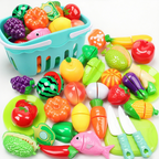 Arenzza pretend cutting play food toys for kids, colorful plastic fruits and vegetables designed for imaginative role-playing and learning.
