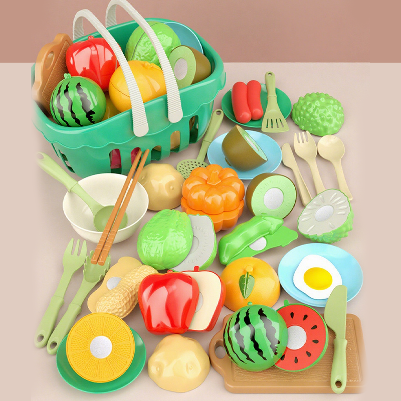 Arenzza pretend cutting play food toys for kids, colorful plastic fruits and vegetables with a toy knife for imaginative play.