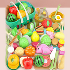 Colorful pretend cutting play food toys for kids by Arenzza, featuring realistic fruit and vegetable pieces for imaginative play.