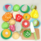 Arenzza pretend cutting play food toys for kids, colorful plastic fruits and vegetables with a toy knife for imaginative play.