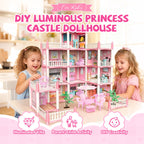Aarenza luminous princess castle dollhouse toy for kids, featuring bright colors and detailed castle design, perfect for imaginative play.