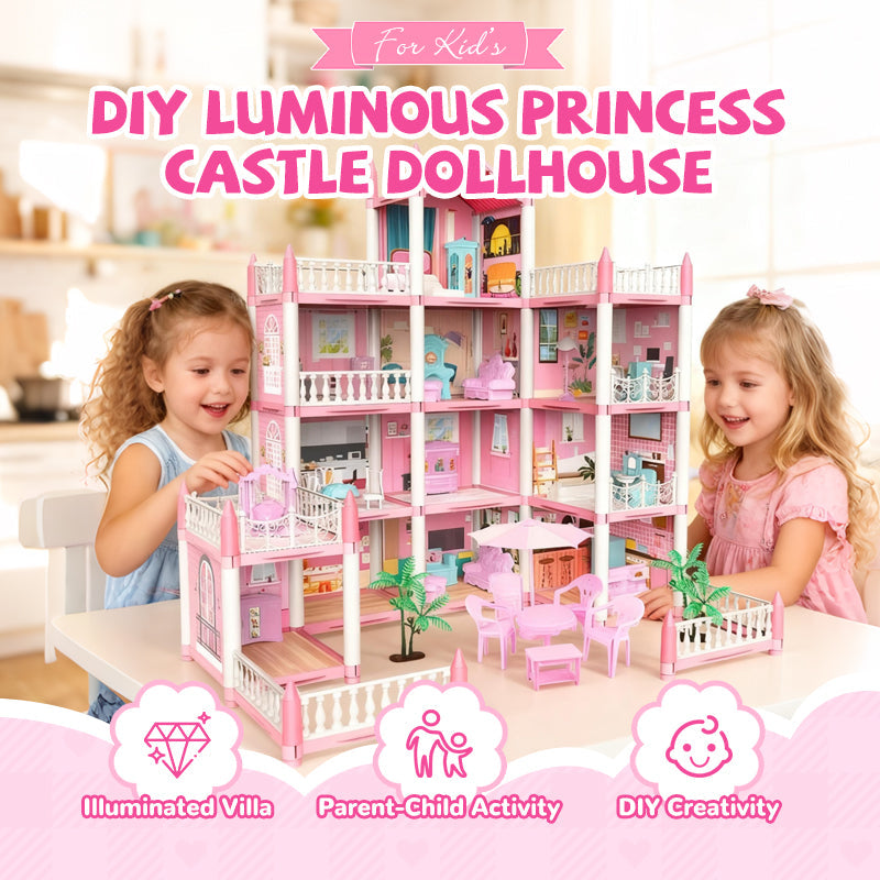 Aarenza luminous princess castle dollhouse toy for kids, featuring bright colors and detailed castle design, perfect for imaginative play.