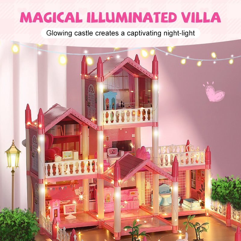 Aarenza DIY luminous princess castle dollhouse toy with bright colors, perfect for kids' play and imaginative adventures.
