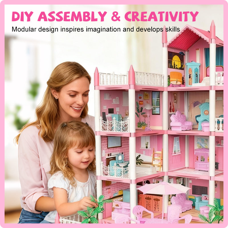 Colorful Arenzza DIY luminous princess castle dollhouse toy with lights, designed for kids and gift-giving.