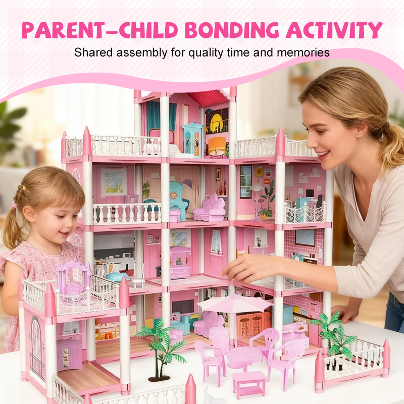 Colorful Arenzza DIY luminous princess castle dollhouse toy for kids, featuring bright lights and detailed castle design.