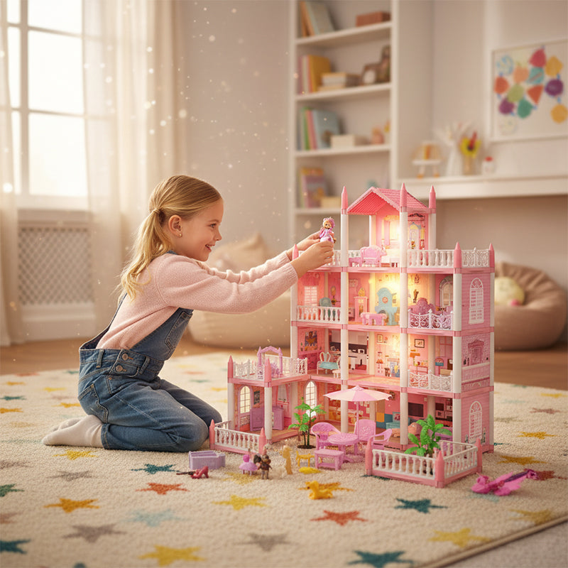 Arenzza luminous princess castle dollhouse toy for kids, featuring bright lights and detailed castle design for imaginative play.