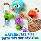 Arenzza Waterworks Pipe Bath Toy Set for Kids, colorful plastic pipes and connectors designed for bath time fun and imaginative play.