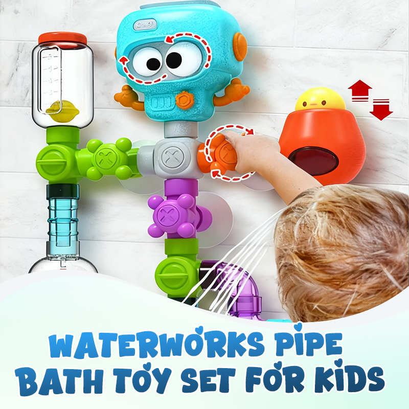 Arenzza Waterworks Pipe Bath Toy Set for Kids, colorful plastic pipes and connectors designed for bath time fun and imaginative play.