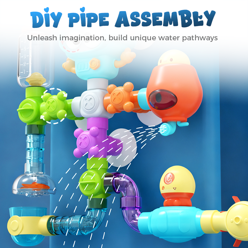 Arenzza Waterworks Pipe Bath Toy Set for kids featuring colorful plastic pipes and connectors for interactive bath play.