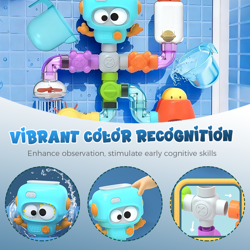 Arenzza Waterworks Pipe Bath Toy Set for Kids, colorful plastic construction toys for bath time fun and water play.