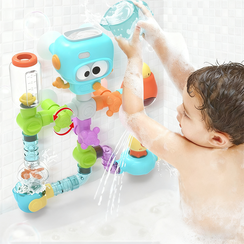 Arenzza Waterworks Pipe Bath Toy Set for Kids featuring colorful plastic pipes and connectors for bath time fun.