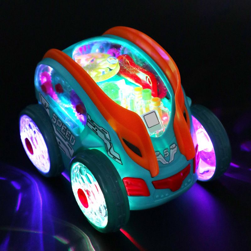 Arenzza dynamic gear-powered toy car with LED lights and music, designed for kids, shown on a smooth surface.