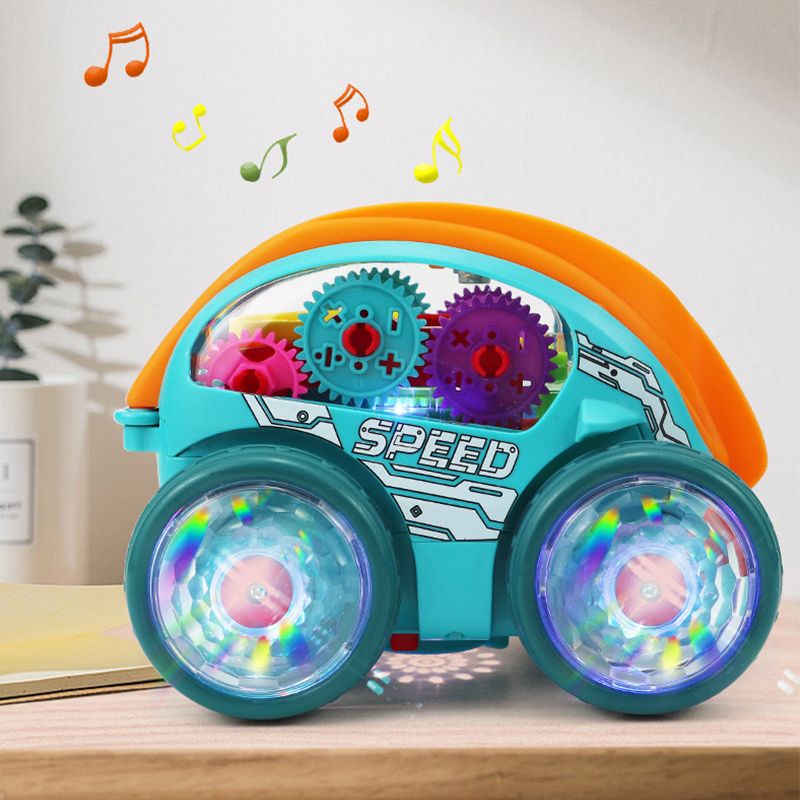 Aarenza gear-powered toy car with LED lights and music for kids, featuring colorful details and a sleek design.