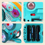 Arenzza dynamic gear-powered toy car with LED lights and music, designed for kids, showcasing its colorful exterior and moving wheels.