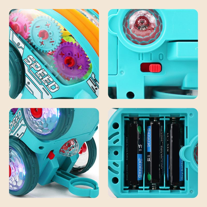 Arenzza dynamic gear-powered toy car with LED lights and music, designed for kids, showcasing its colorful exterior and moving wheels.