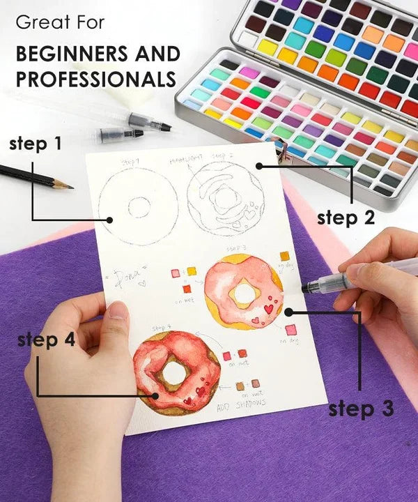 Arenzza premium watercolor set with portable paint kit, featuring vibrant paints and brushes for kids, teens, and adults.