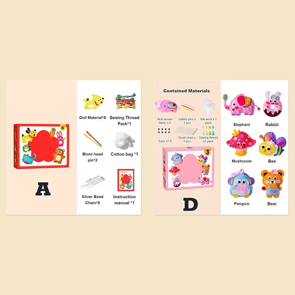 Arenzza DIY doll sewing toy kit with colorful fabric pieces and sewing accessories for kids' creative craft play.