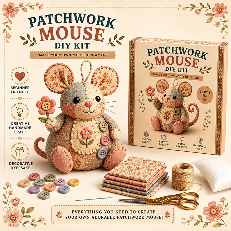 Arenzza handcrafted vintage mouse plush sewing kit with colorful fabric pieces and sewing tools, perfect for kids and gifts.