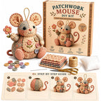 Aarenza handcrafted vintage mouse plush toy with sewing kit, featuring soft fabric, embroidered details, and sewing accessories inside.