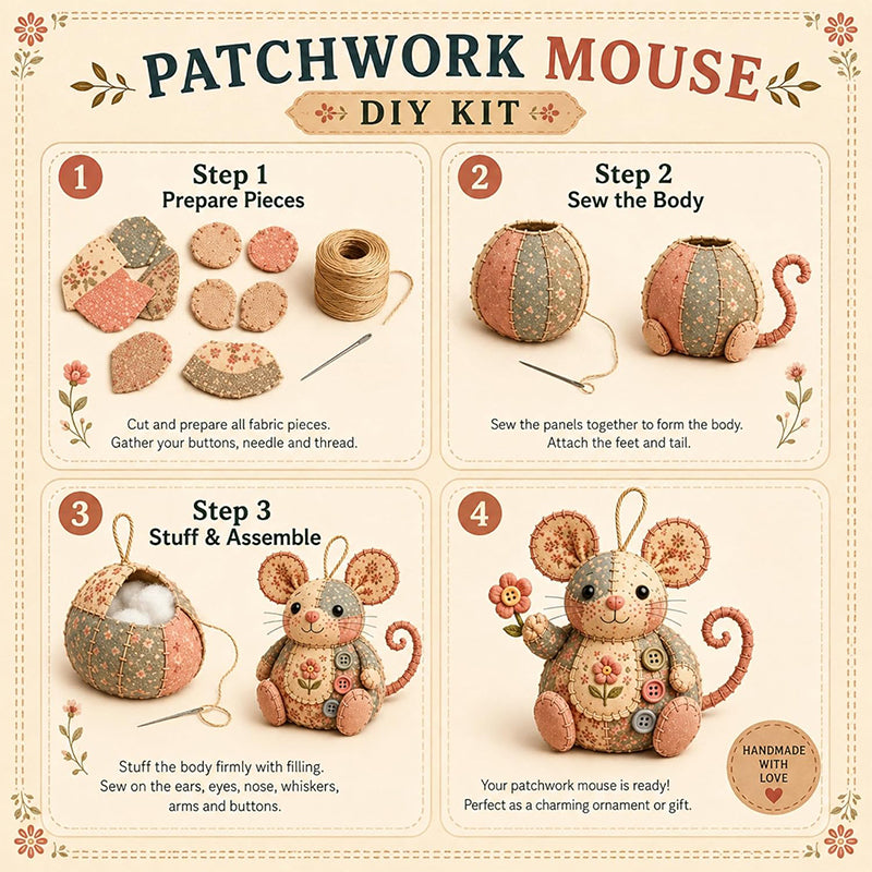 Handcrafted vintage mouse plush sewing kit by Arenzza, featuring soft fabric and sewing tools, ideal for kids and gift enthusiasts.