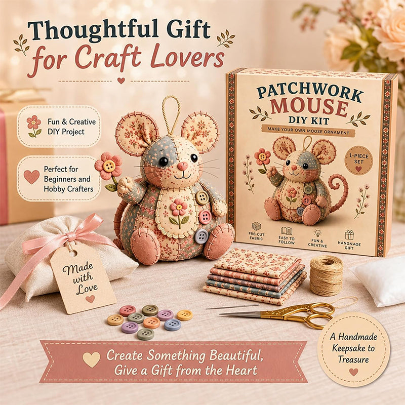 A handcrafted vintage mouse plush toy from Arenzza, shown with sewing kit accessories for kids and gift purposes.