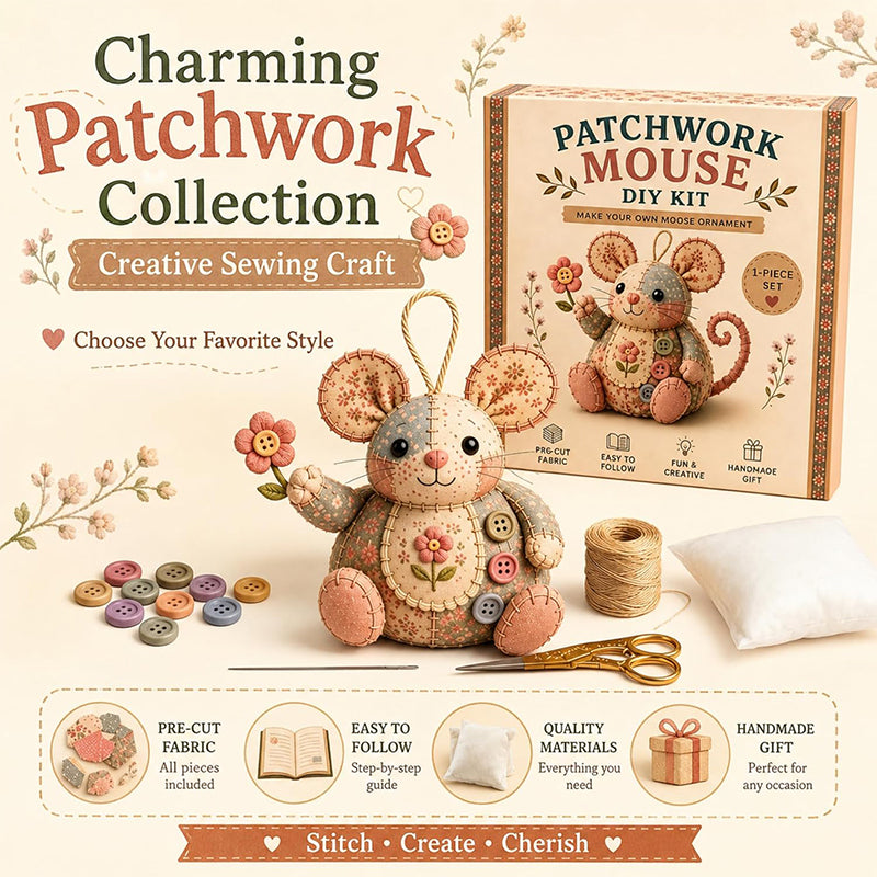 A handcrafted vintage mouse plush sewing kit by Arenzza featuring soft plush fabric and sewing accessories for kids and gifts.