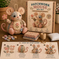 Arenzza handcrafted vintage mouse plush sewing kit with colorful fabric and sewing accessories, perfect for kids and gift lovers.