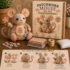 Arenzza handcrafted vintage mouse plush sewing kit with colorful fabric and sewing accessories, perfect for kids and gift lovers.