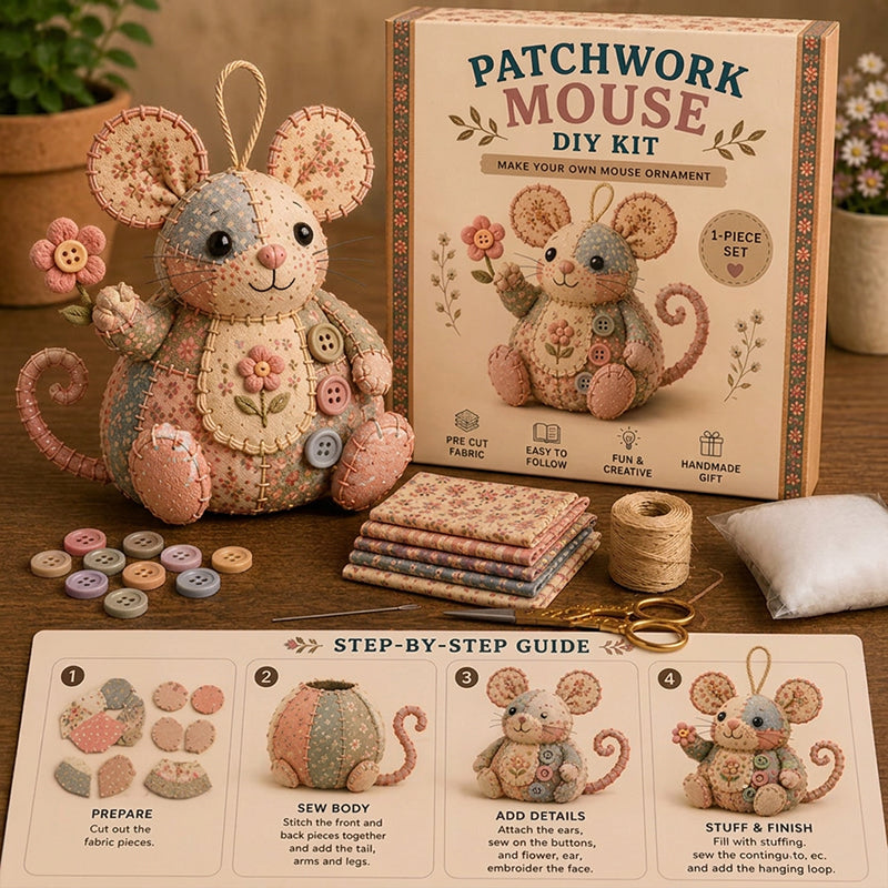 Arenzza handcrafted vintage mouse plush sewing kit with colorful fabric and sewing accessories, perfect for kids and gift lovers.