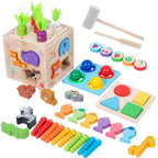 Colorful Arenzza multifunctional toddler learning activity cube with shape sorters, spinning gears, and sliding puzzles for kids.