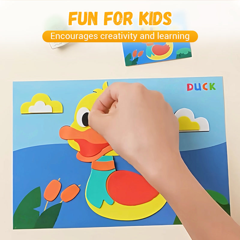 Colorful children's DIY 3D EVA sticker craft by Arenzza, featuring vibrant foam stickers for kids' creative projects.