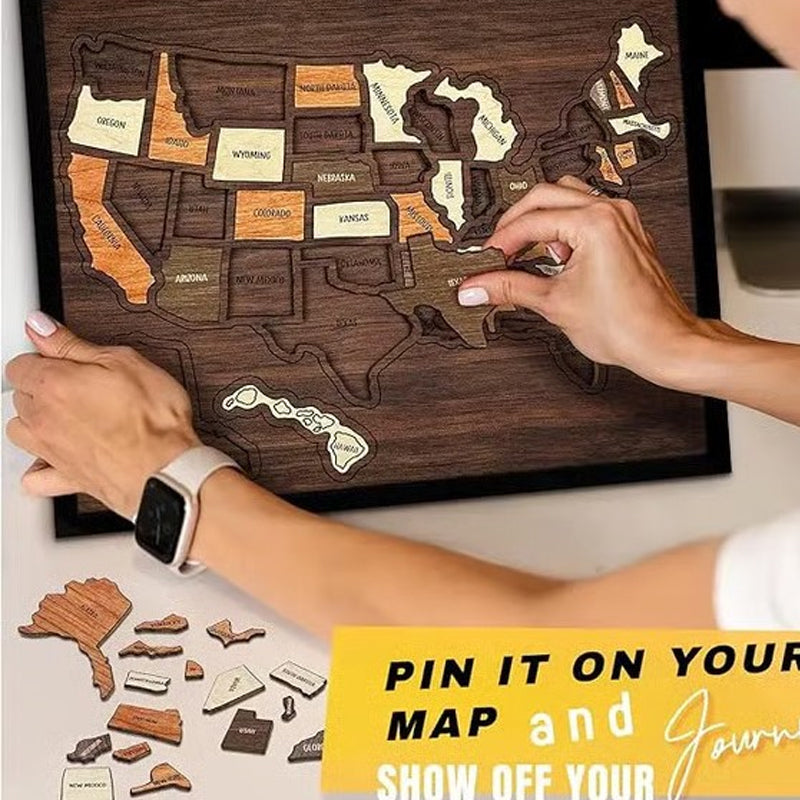 Arenzza 3D Wooden Travel Map Puzzle showing detailed wooden world map with colorful puzzle pieces for kids and travel gifts.