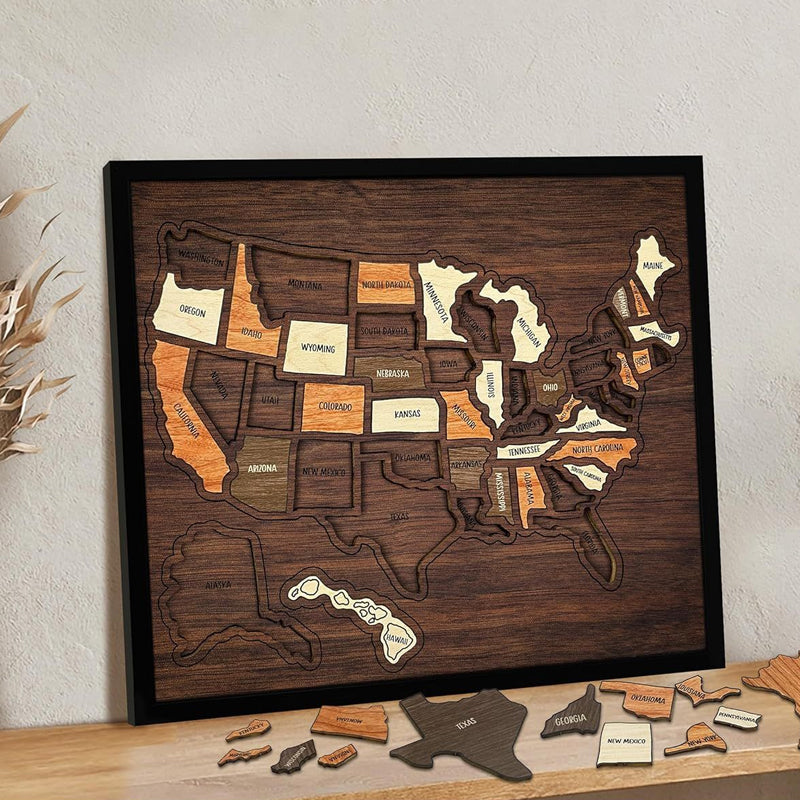 Arenzza 3D Wooden Travel Map Puzzle for kids and gifts, showing a detailed wooden map with colorful puzzle pieces.