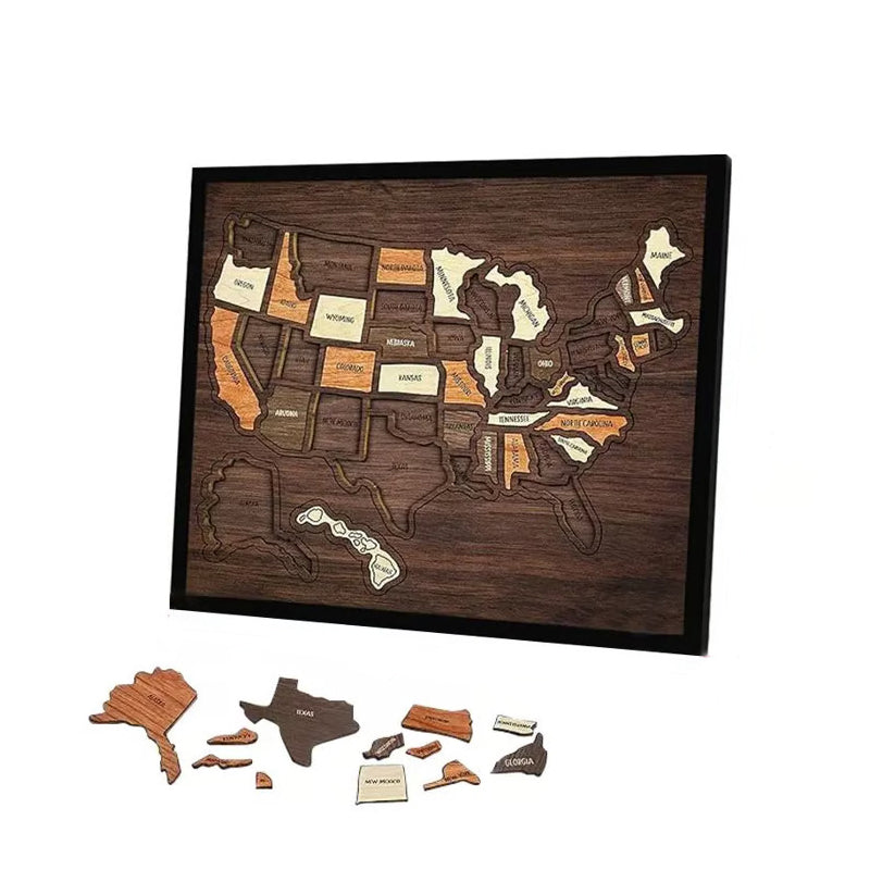 A 3D wooden travel map puzzle by Arenzza, featuring intricately carved wooden pieces representing different world regions.