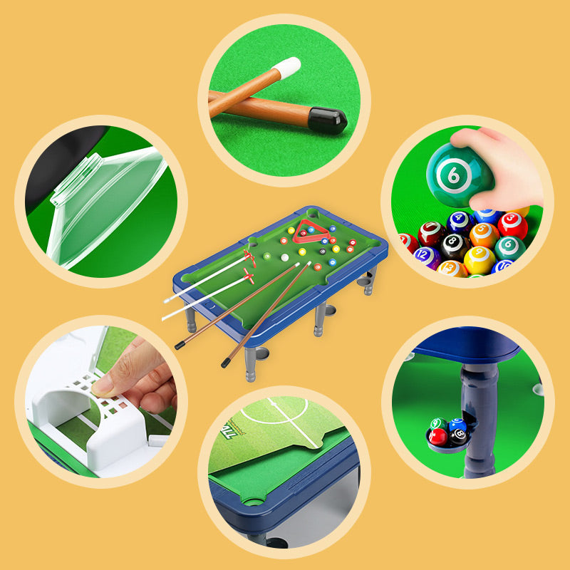Arenzza 6-in-1 portable multi-functional game table for kids, showcasing various game surfaces and colorful design.
