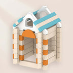 Colorful wooden building blocks for kids by Arenzza, arranged in a playful stack with various shapes and natural wood textures.