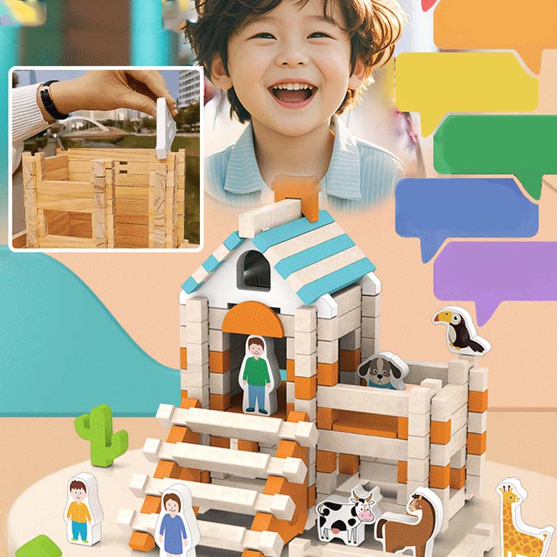 Colorful wooden building blocks for kids by Arenzza, featuring various shapes and sizes for educational play and creative building.