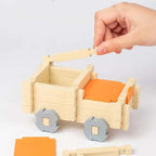 Colorful wooden building blocks for kids by Arenzza, arranged in a playful tower on a white background.
