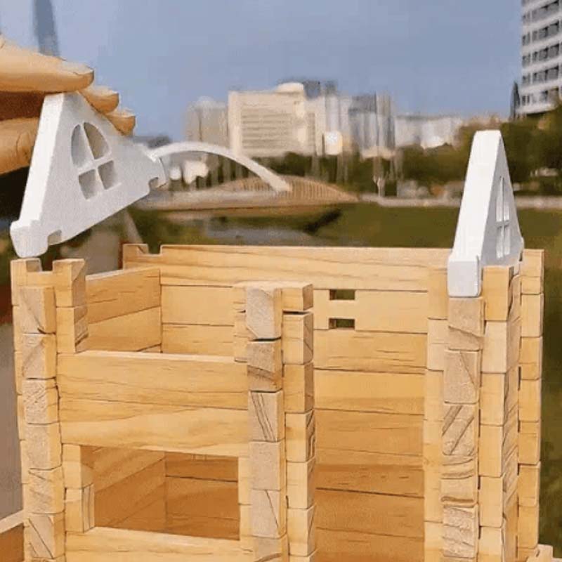 Colorful wooden building blocks for kids, educational toys by Arenzza, featuring various shapes and vibrant colors for creative play.