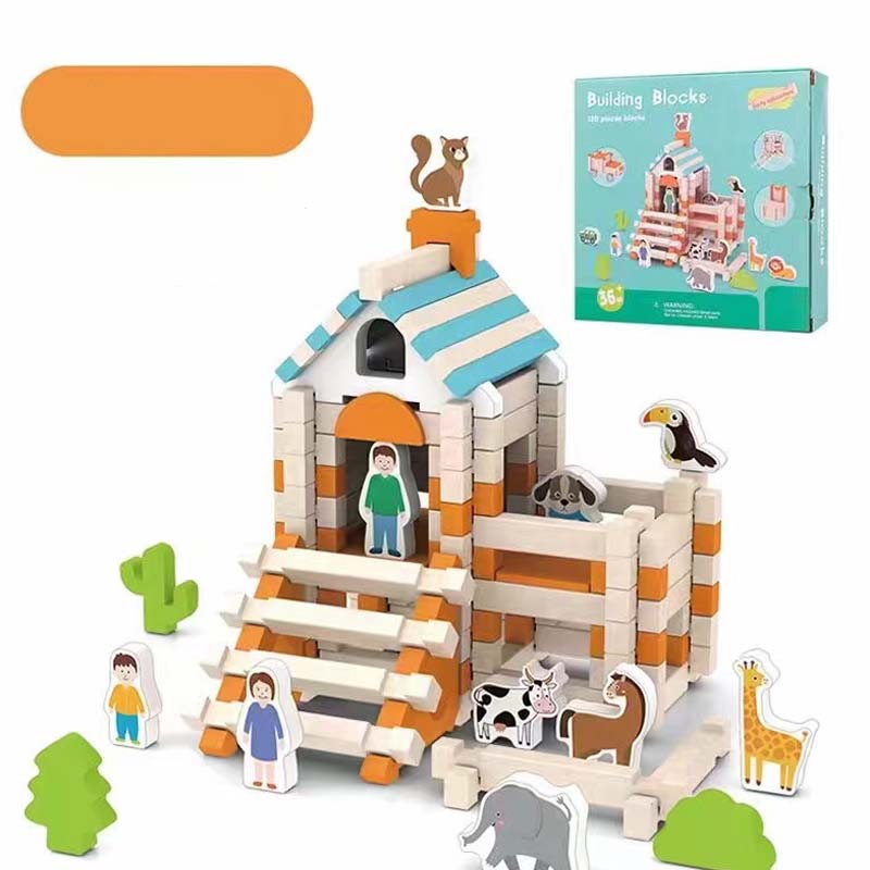 A set of colorful wooden building blocks for kids, featuring various shapes and sizes, from Arenzza educational wooden toy collection.
