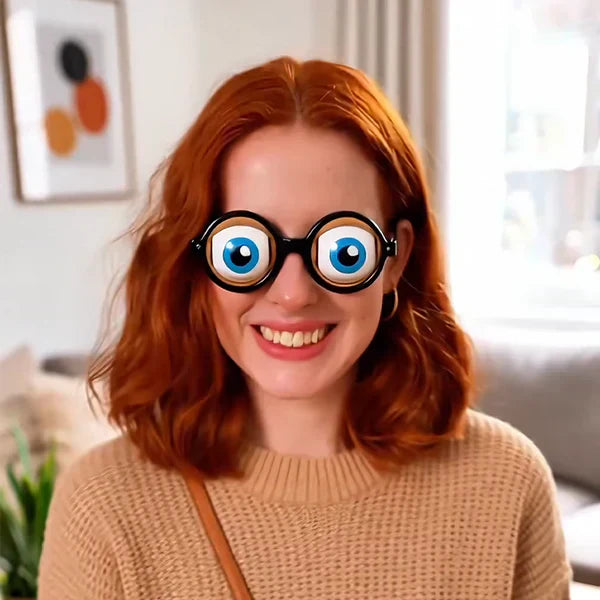 A pair of funny glasses with a winking eye mechanism, designed for kids and gifts, by Arenzza, in vibrant toy style.