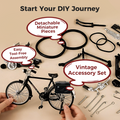Arenzza DIY bicycle model toy kit with assembled miniature bike, perfect for kids and gift-giving, showcasing detailed plastic parts.