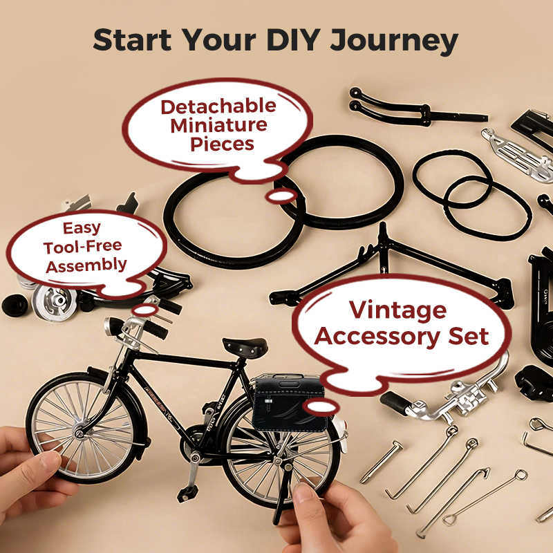 Arenzza DIY bicycle model toy kit with assembled miniature bike, perfect for kids and gift-giving, showcasing detailed plastic parts.