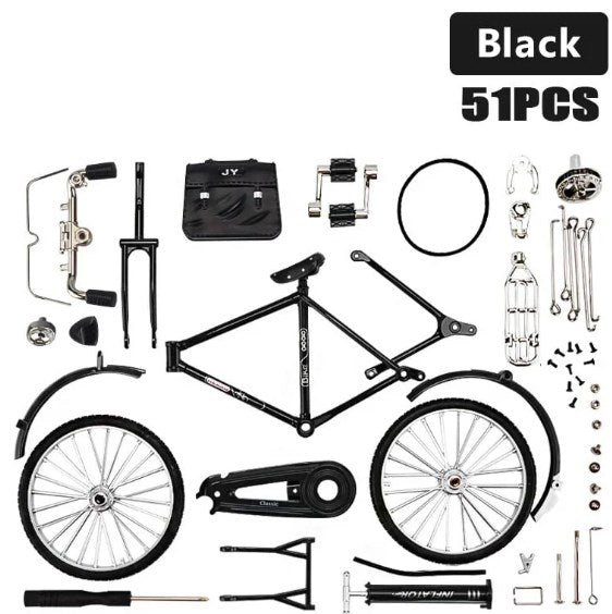 Aarenzza DIY bicycle model toy kit for kids, featuring colorful plastic parts assembled into a detailed miniature bicycle.