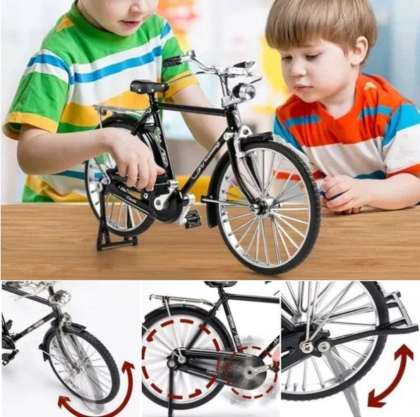 Arenzza DIY bicycle model kit for kids, featuring assembled plastic bicycle toy with detailed frame and wheels.