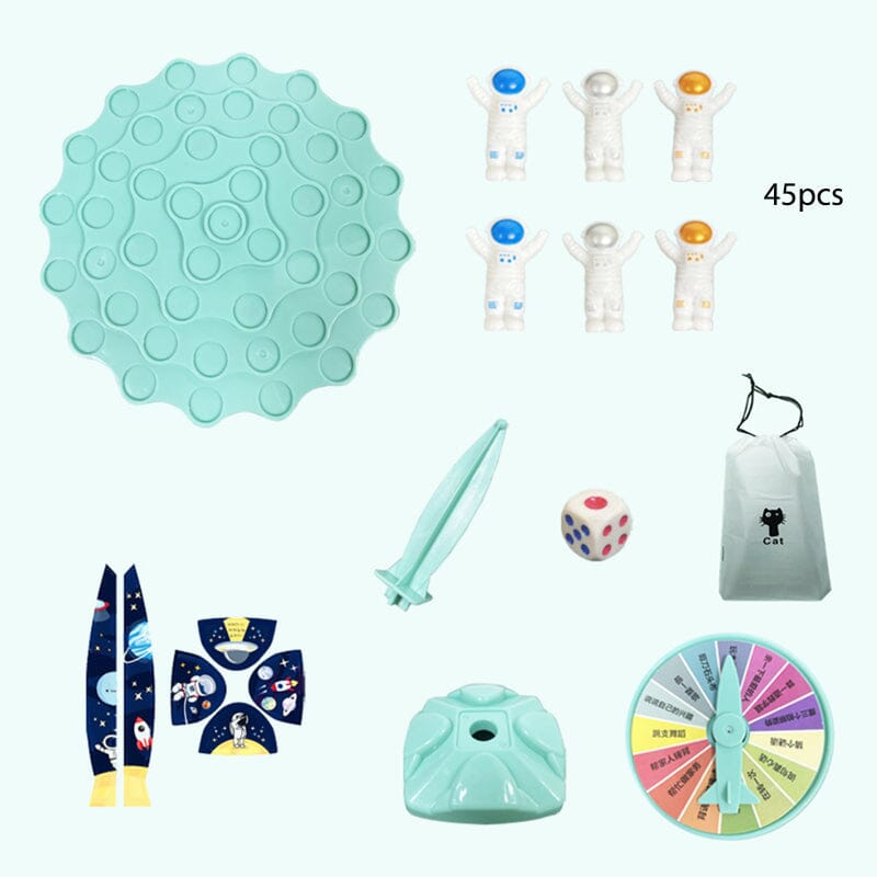 Aarenza Balance Astronaut Board Game for kids, featuring colorful astronaut pieces and game components on a white background.