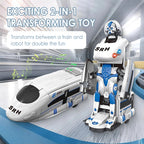 Arenzza rechargeable transforming train robot toy for kids, featuring colorful train and robot modes in a playful setting.